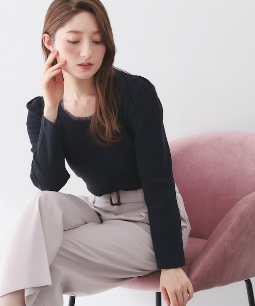 衿チュールデザインケーブルジャガードトップス【洗濯機OK】