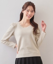 衿チュールデザインケーブルジャガードトップス【洗濯機OK】