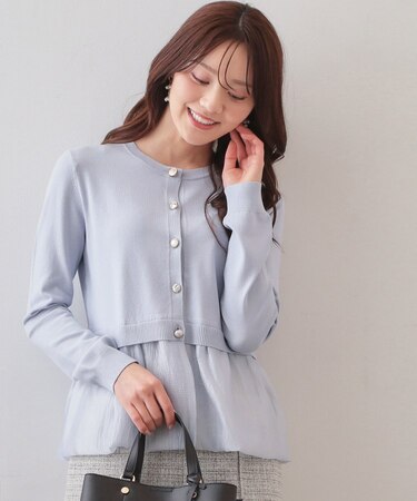 ペプラムレイヤード多釦カーディガン【洗濯機OK】