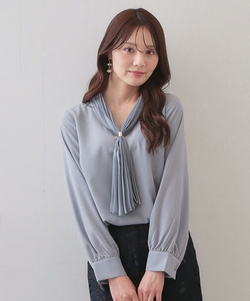 プリーツボウタイジョーゼットブラウス【洗濯機OK/イージーアイロン/防シワ】