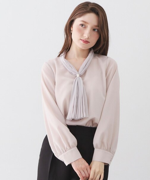 プリーツボウタイジョーゼットブラウス【洗濯機OK/イージーアイロン/防シワ】