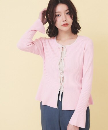 前後2wayラメトリムリボンカーディガン【洗濯機OK】