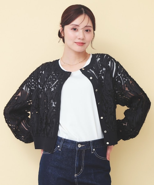シアー幾何刺繍カーディガン【洗濯機OK】