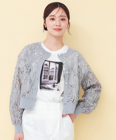 シアー幾何刺繍カーディガン【洗濯機OK】