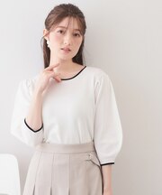 クルーネック6分袖タックスリーブニット【洗濯機OK・UVケア】