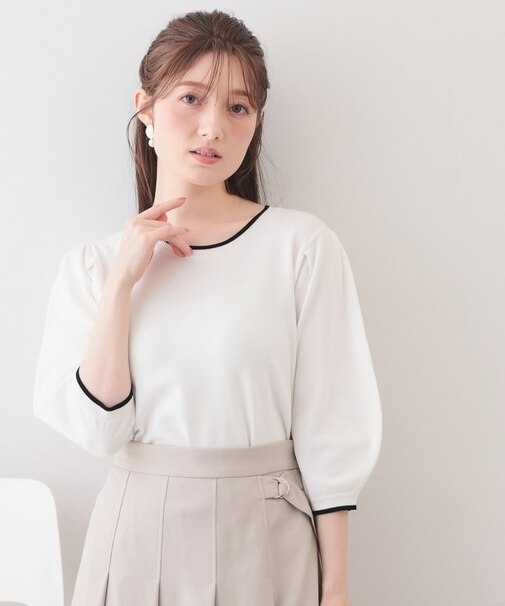 クルーネック6分袖タックスリーブニット【洗濯機OK・UVケア】