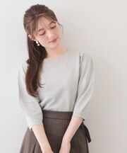 クルーネック6分袖タックスリーブニット【洗濯機OK・UVケア】