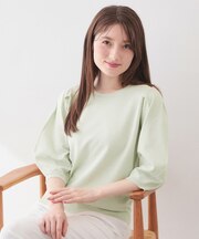 クルーネック6分袖タックスリーブニット【洗濯機OK・UVケア】