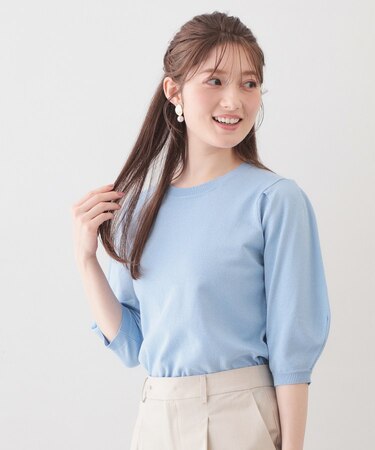 クルーネック6分袖タックスリーブニット【洗濯機OK・UVケア】