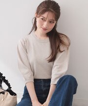 クルーネック6分袖タックスリーブニット【洗濯機OK・UVケア】