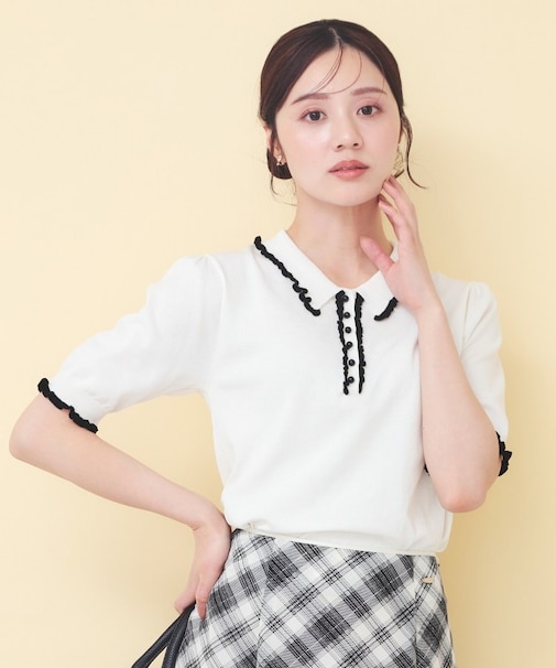 ミニフリル衿付きポロニット【洗濯機OK/抗ピル】