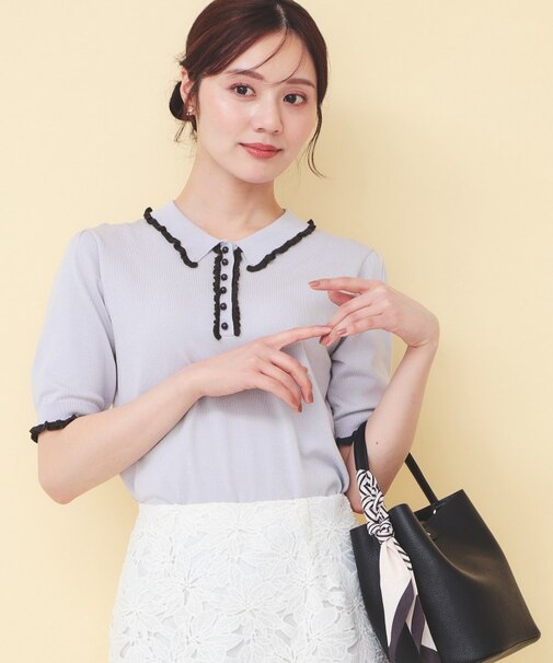 ミニフリル衿付きポロニット【洗濯機OK/抗ピル】