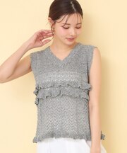 透かし編みミニペプラムノースリーブニット【洗濯機OK】