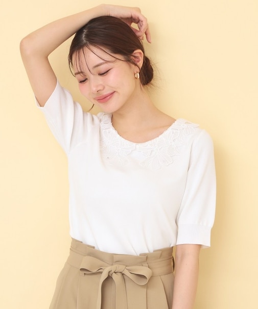 リボンレース衿リブニット【洗濯機OK／接触冷感】