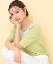 リボンレース衿リブニット【洗濯機OK／接触冷感】