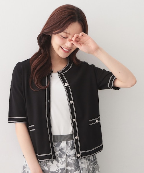 バイカラーダブルライン半袖カーディガン【洗濯機OK／UVケア】