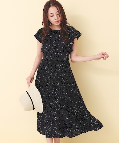 ハートドットバルーンスリーブワンピース【洗濯機OK／イージーアイロン】
