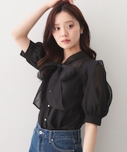 オーガンシアーリボンフリルブラウス【洗濯機OK／イージーアイロン】