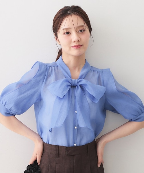 オーガンシアーリボンフリルブラウス【洗濯機OK／イージーアイロン】