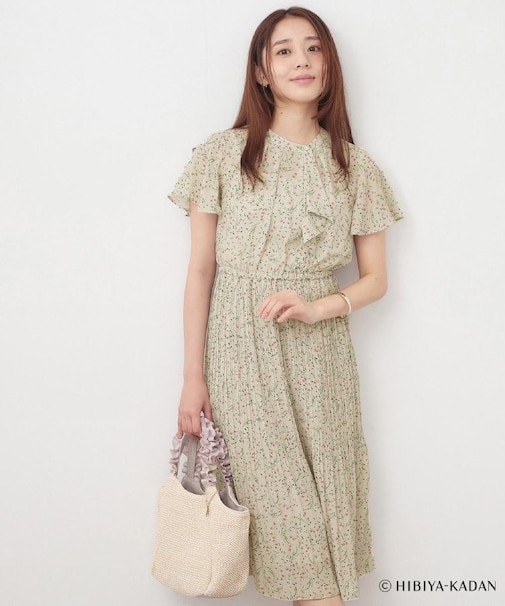 ◆【日比谷花壇コラボ】ラッフルタイプリーツワンピース【防シワ/洗濯機OK】