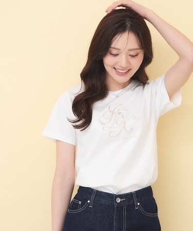 【接触冷感】ビッグロゴ刺繍ビジュー付きTシャツ《洗濯機OK／UVケア》
