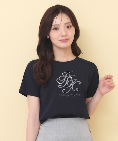 【接触冷感】ビッグロゴ刺繍ビジュー付きTシャツ《洗濯機OK／UVケア》