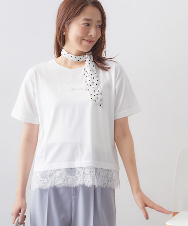 【接触冷感／UV】刺繍ロゴ裾レースTシャツ《洗濯機OK》