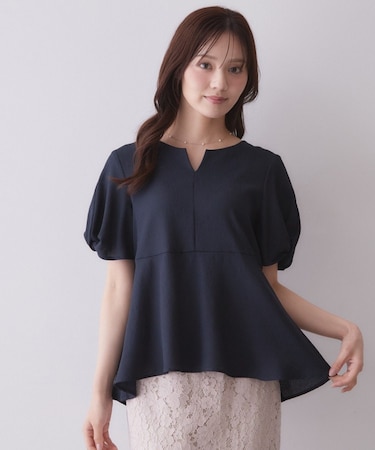 麻調合繊キーネックペプラムブラウス【洗濯機OK／接触冷感／吸水速乾】