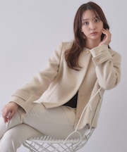 カシミヤ混ノーカラーショートコート