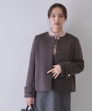 カシミヤ混ノーカラーショートコート