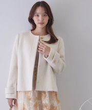 カシミヤ混ノーカラーショートコート