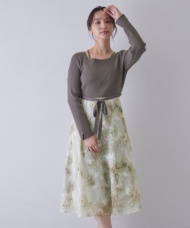 【植草美幸先生が指南する好印象スタイル】フラワージャカードドッキングニットワンピース≪洗濯機OK≫