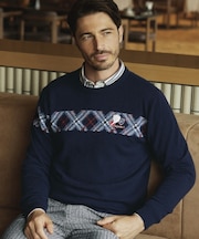 ジャカードチェック柄 長袖カシミヤセーター