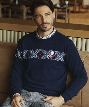 ジャカードチェック柄 長袖カシミヤセーター