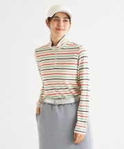 【吸湿発熱】ボーダーデザイン 長袖ハーフジッププルオーバー