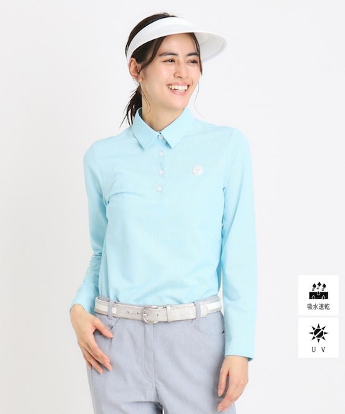 UVカット/吸水速乾 シャンブレーストレイプ 長袖ポロシャツ