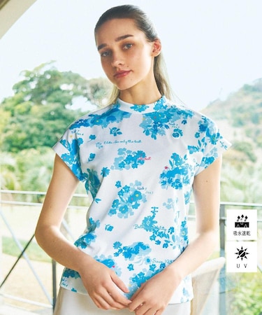 UVカット/吸水速乾 フラワープリントモックネックT
