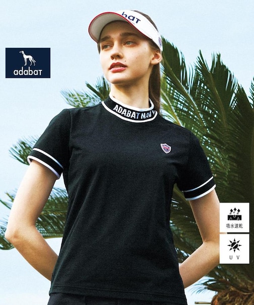 【新レーベル ADABAT NAVY】UVカット/吸水速乾 ラインリブモックネックT