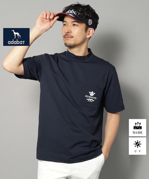 【新レーベル ADABAT NAVY】UVカット/吸水速乾 ポケット付モックネックT