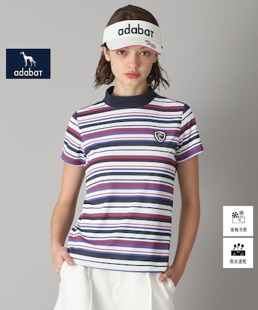 【新レーベル ADABAT NAVY】吸水速乾/接触冷感 マルチボーダーモックネックT