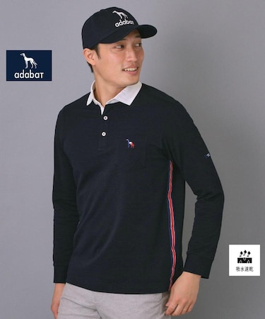【新レーベル ADABAT NAVY】吸水速乾 サッカーストライプ長袖ポロシャツ