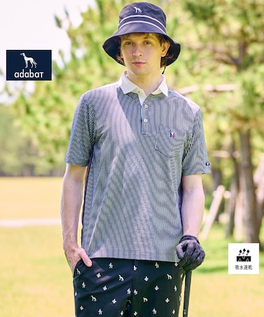 【新レーベル ADABAT NAVY】吸水速乾 サッカーストライプポロシャツ