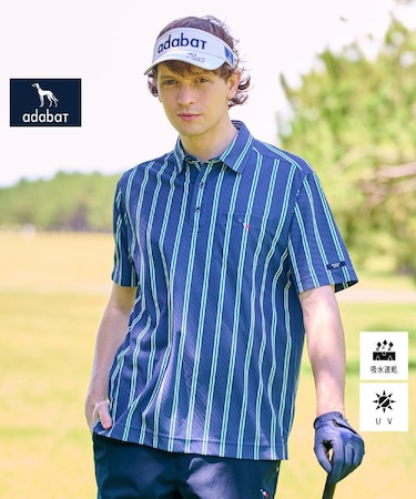 【新レーベル ADABAT NAVY】吸水速乾/UVカット ワインシャンブレーストライプポロシャツ