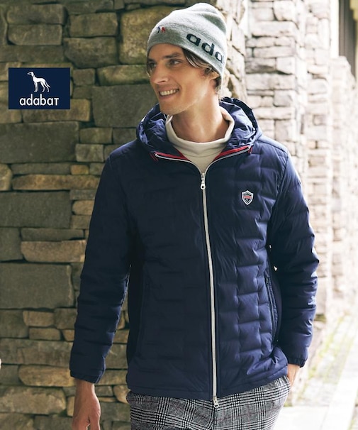 【新レーベル ADABAT NAVY】フードロゴストレッチダウンジャケット