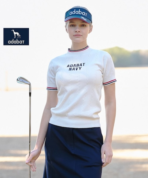 【ADABAT NAVY】ケーブルストライプ半袖モックニット