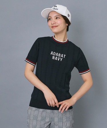 【ADABAT NAVY】ケーブルストライプ半袖モックニット