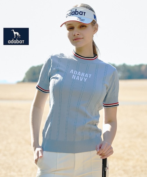 【ADABAT NAVY】ケーブルストライプ半袖モックニット