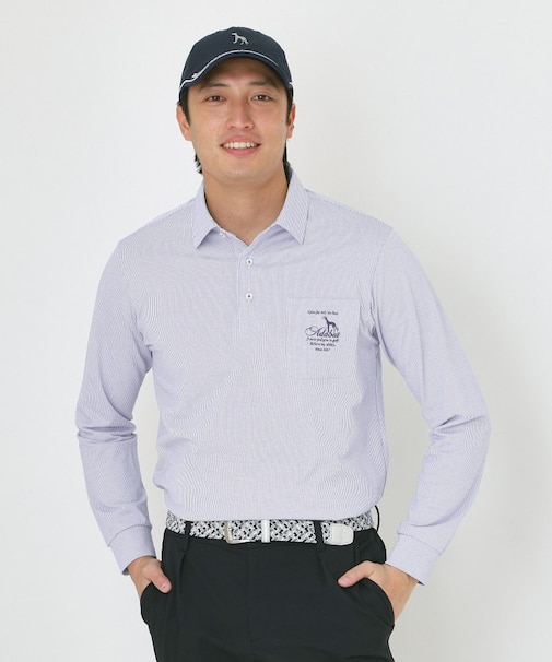 吸水速乾シャンブレーストライプ長袖ポロシャツ