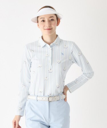 ストライプフラワー長袖ポロシャツ