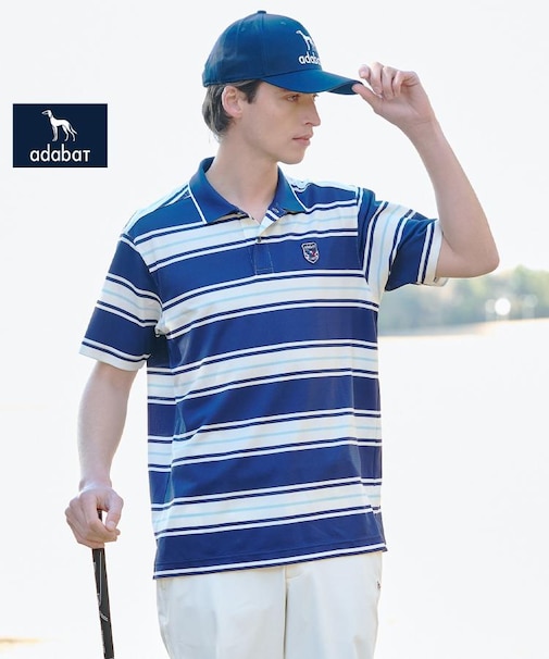 【ADABAT NAVY】UVカット ランダムボーダー半袖ポロシャツ